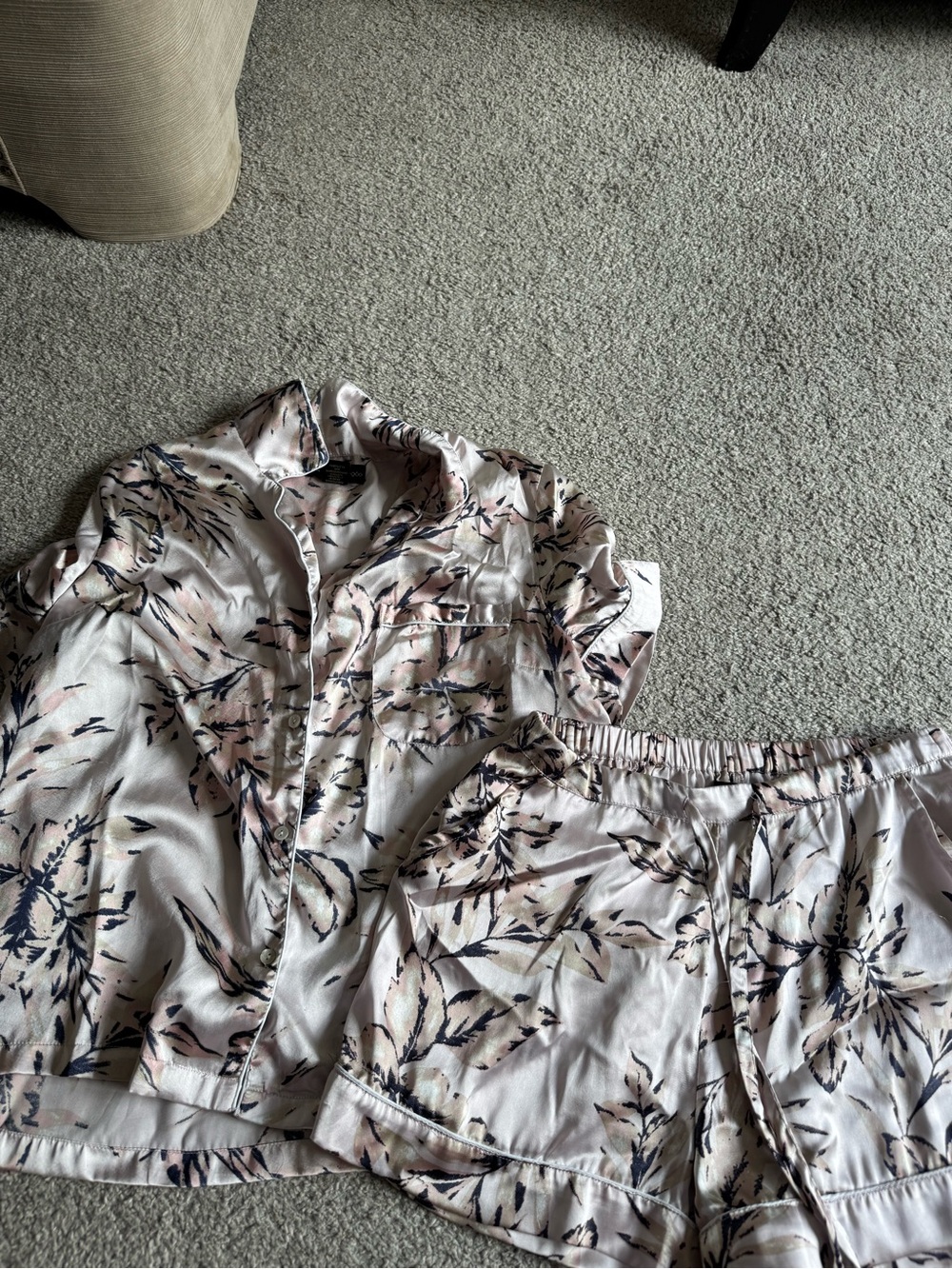 House of Harlow 1960 Floral Satin Pajama Set in Blush and Navy